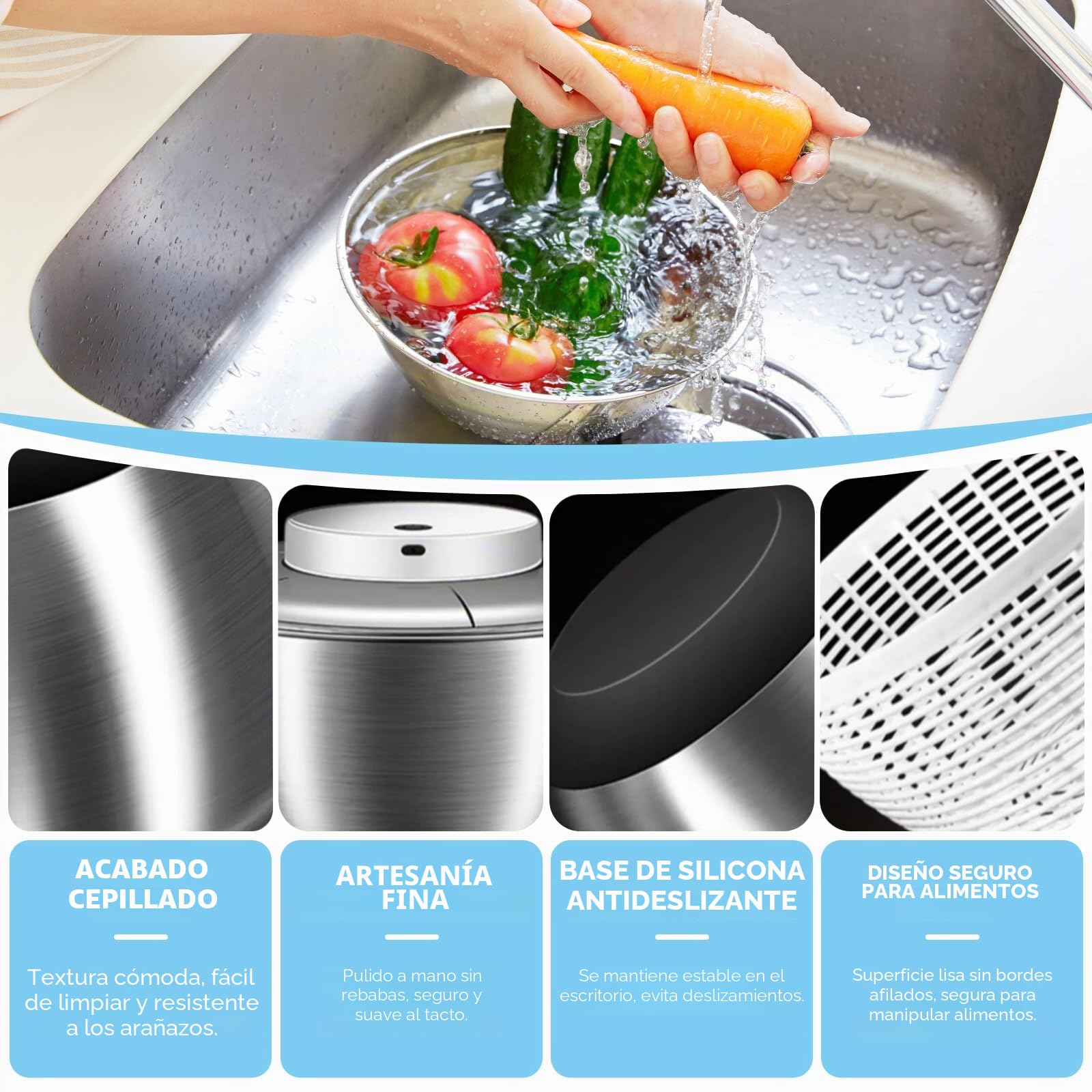 Centrifugador de ensalada, 4,5 L, acero inoxidable, centrifugado automático | base antideslizante y recargable por USB, secadora de frutas y verduras con tapa, para ensaladas, verduras, hierbas y bayas