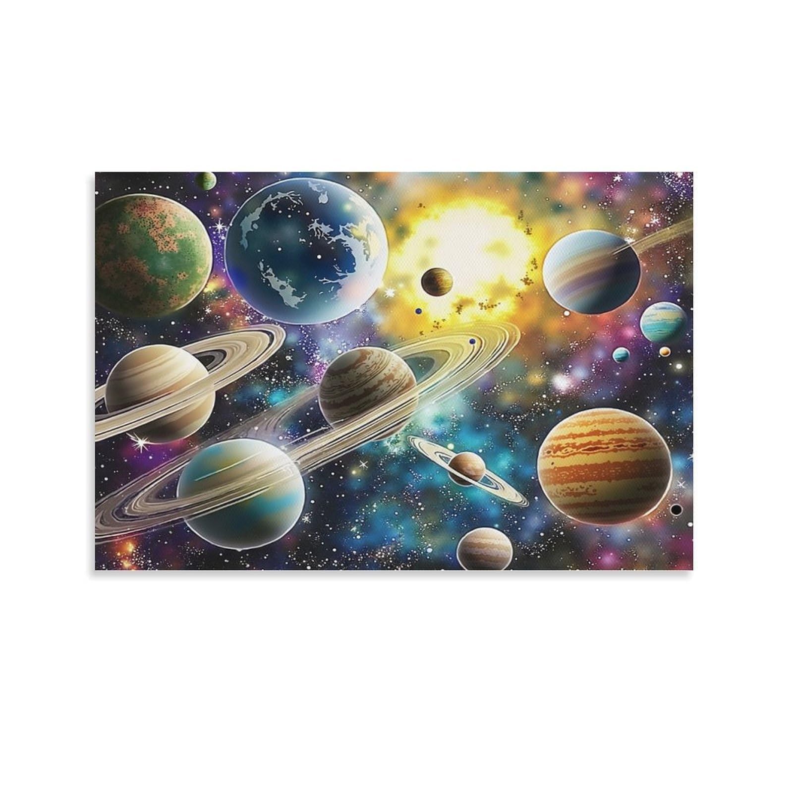 CPLVKWRQJ Solar System Art Single Ringed Planets Around Bright Glowing Star Canvas Wall Art - Housewarming Gift Living Room Focal Point Ready to Hang Decor 24x36inch(60x90cm)