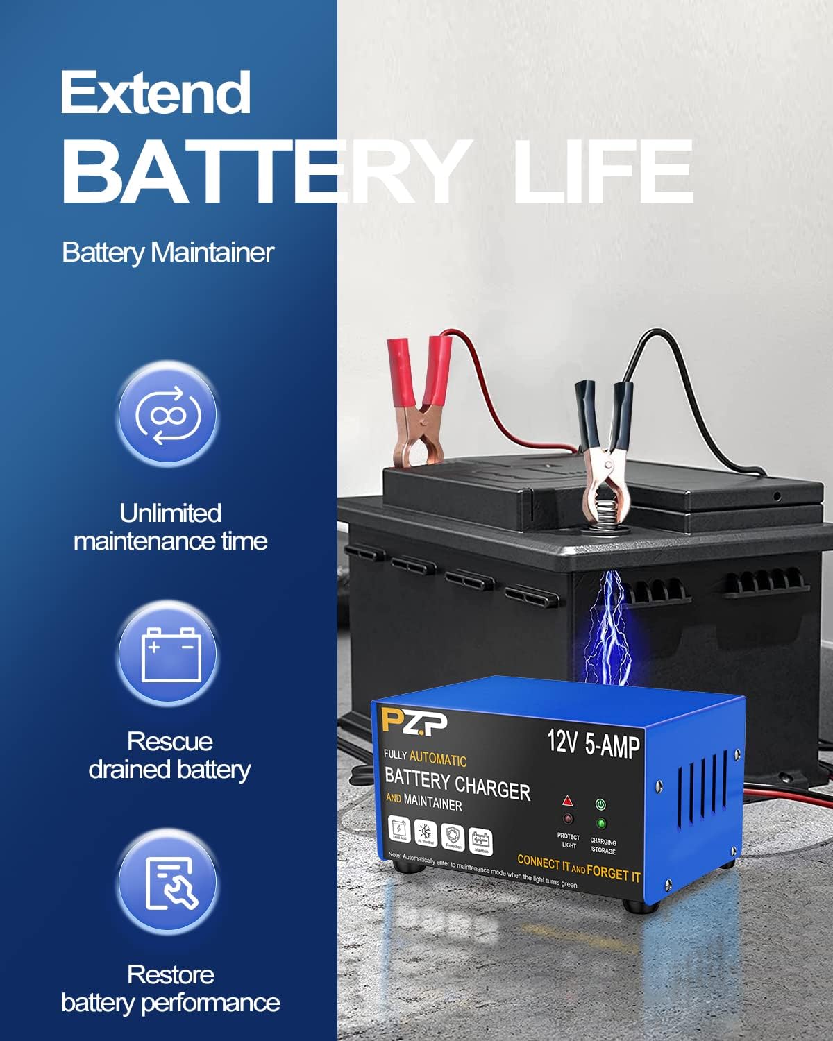 Caricabatteria automatico per auto – 12 V 0-5 A regolabile Smart Trickle Charger con riparazione della batteria, desolfazione automatica, funzioni di compensazione della temperatura, adatto per AGM