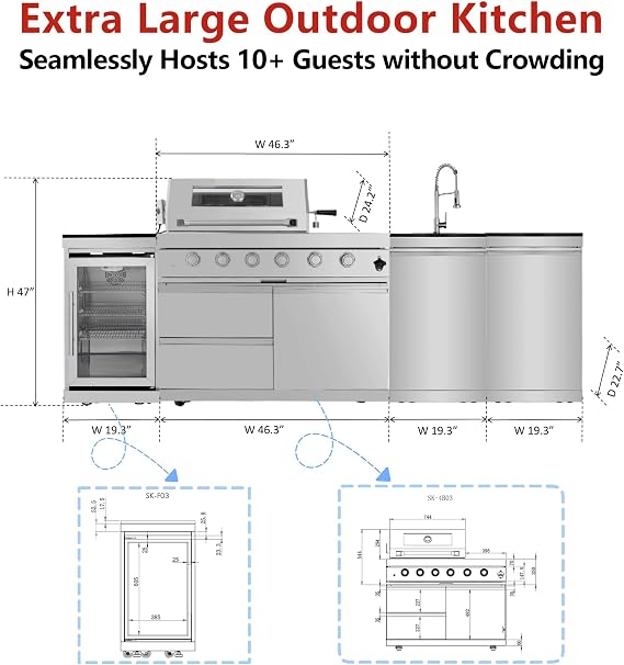 104in Oversized Modular Outdoor Kitchen Bar, 4 Burner 72000 BTU Deluxe Stainless Steel Gas Barbecue Island Kitchen for Backyard w BBQ Grill, Refrigerator, Rotisserie Kit, Countertops, Cabinets, Sink