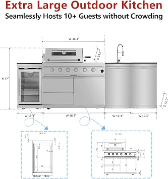 104in Oversized Modular Outdoor Kitchen Bar, 4 Burner 72000 BTU Deluxe Stainless Steel Gas Barbecue Island Kitchen for Backyard w BBQ Grill, Refrigerator, Rotisserie Kit, Countertops, Cabinets, Sink