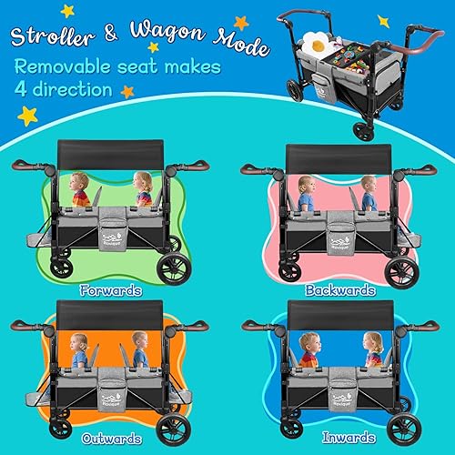 Miniatura 2 de Cochecito para 2 niños, cochecito todo terreno con extensor extralargo, vagón plegable de aluminio con asientos convertibles, toldo extraíble,