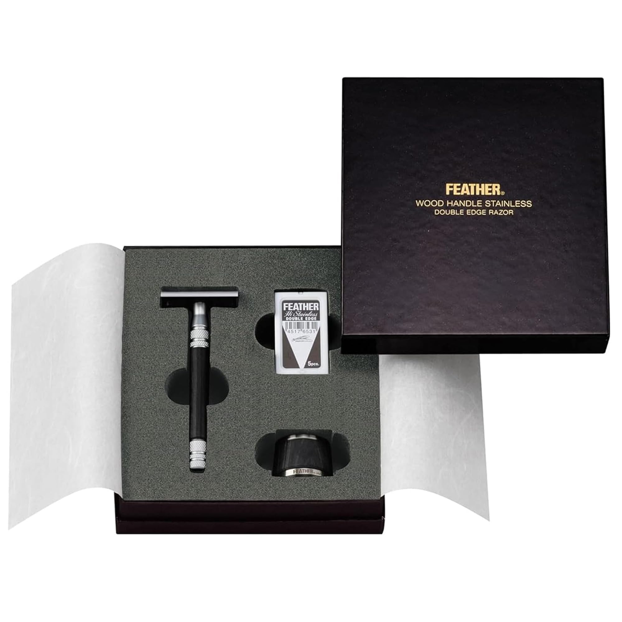 Wood Handle Stainless Double Edge Razor with Wood Inlay Stainless Steel Stand - With Resin-Impregnated Handle & Stand - Includes 5 Hi-Stainless Blades - Made in Japan