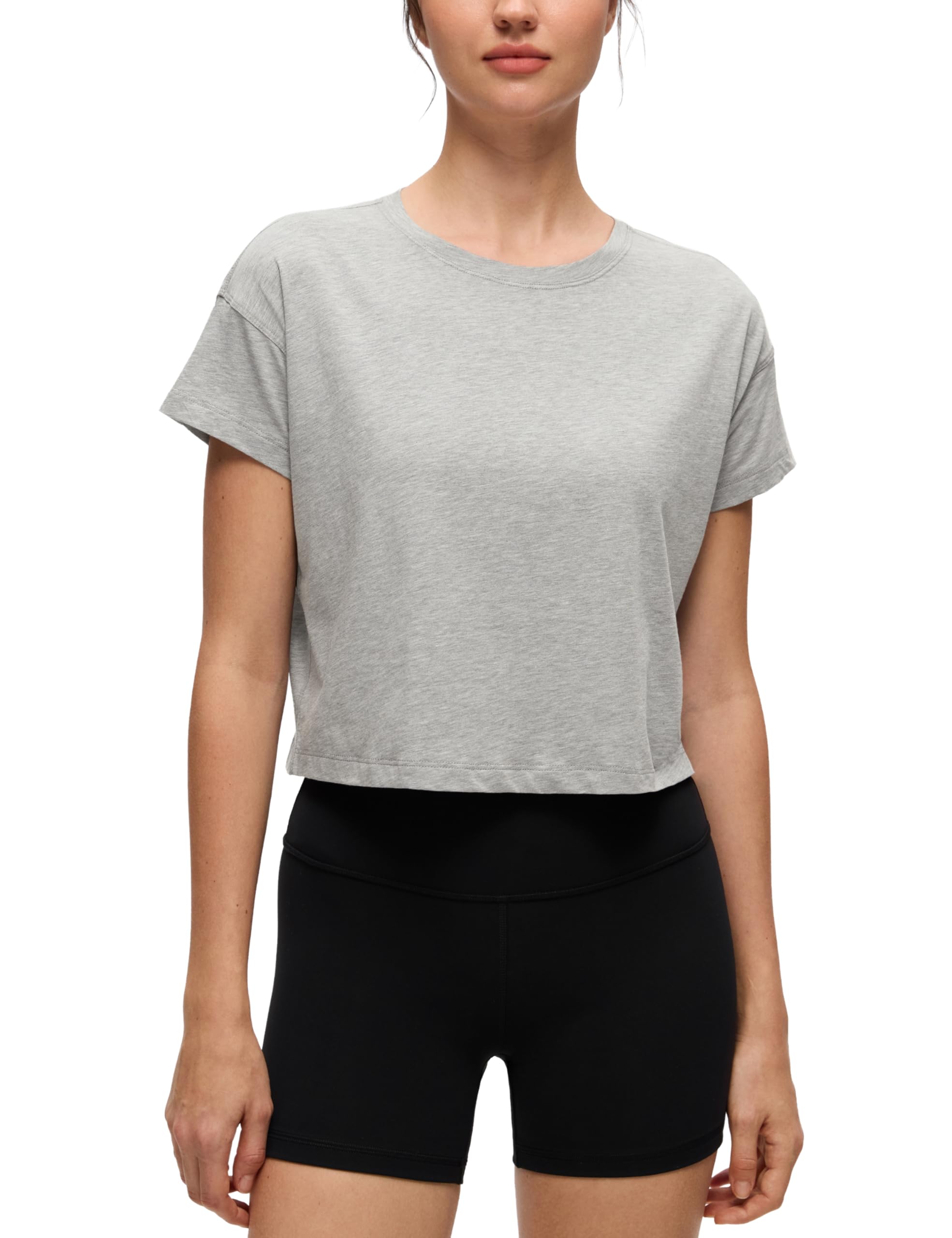 CRZ YOGA Women's Pima Cotton Workout Short Sleeve Shirts Loose Athletic Crop Tops Gym Casual Cropped T-Shirt — view 8