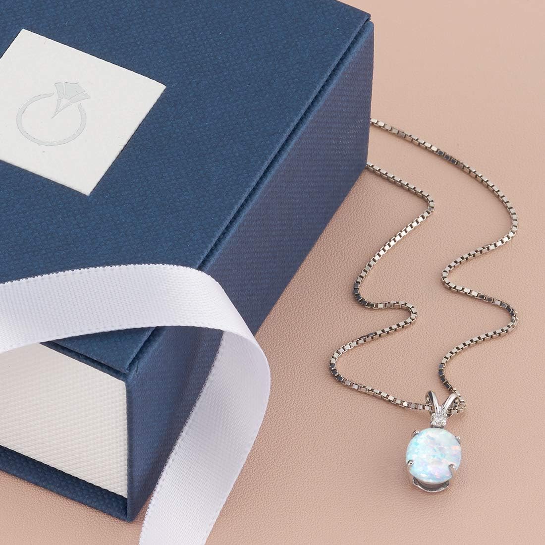 PEORA Solid 14K White Gold Created White Opal with Genuine Diamond Pendant for Women, Elegant Solitaire, Oval Shape, 10x8mm, 1 Carat total, October Birthstone Necklace, Fire Opal Necklace