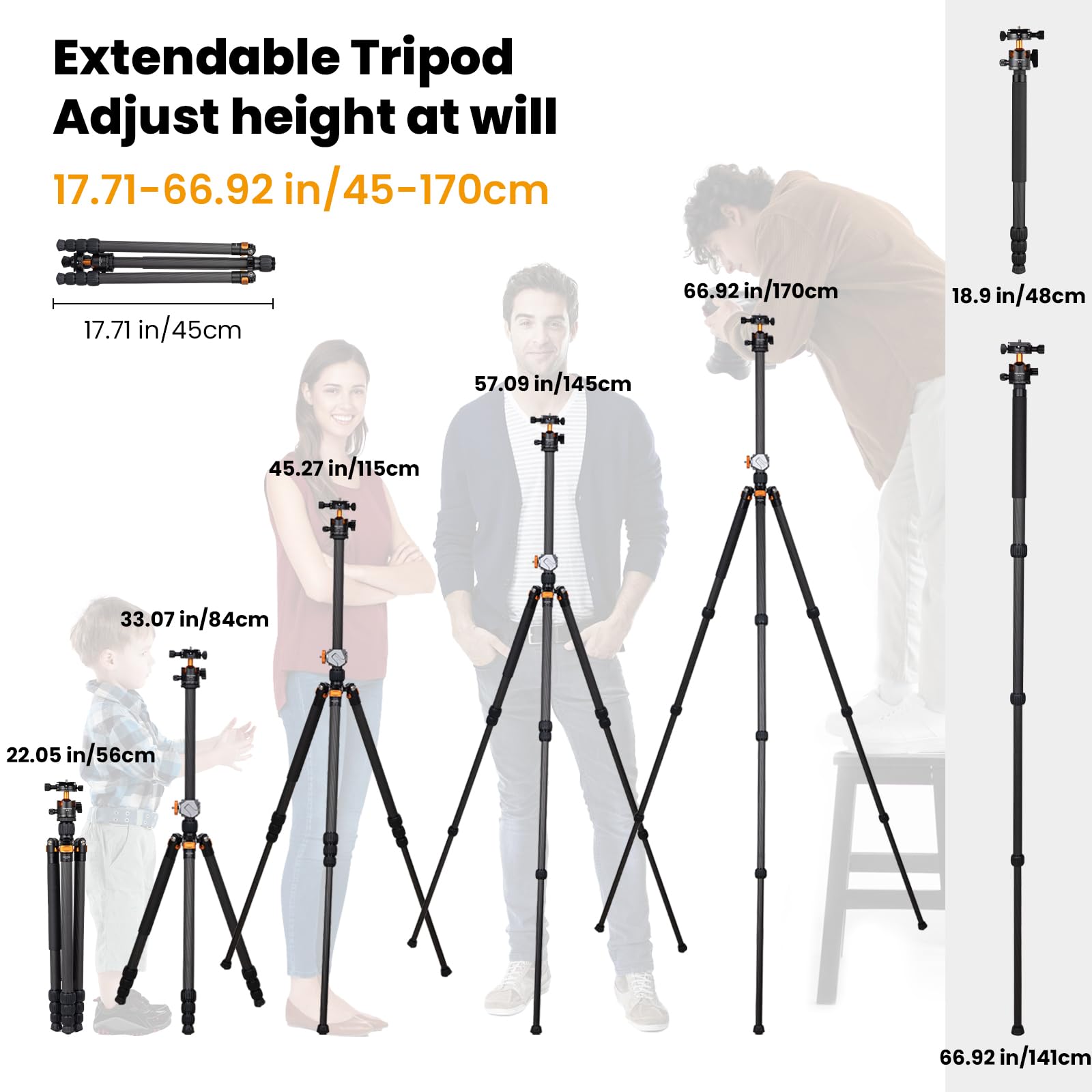 TARION Treppiede per Fotocamera in Fibra di Carbonio - 67" Treppiede DSLR Professionale con Doppia Testa a Sfera Panoramica Cold Shoe Supporto di Estensione Treppiede da Viaggio