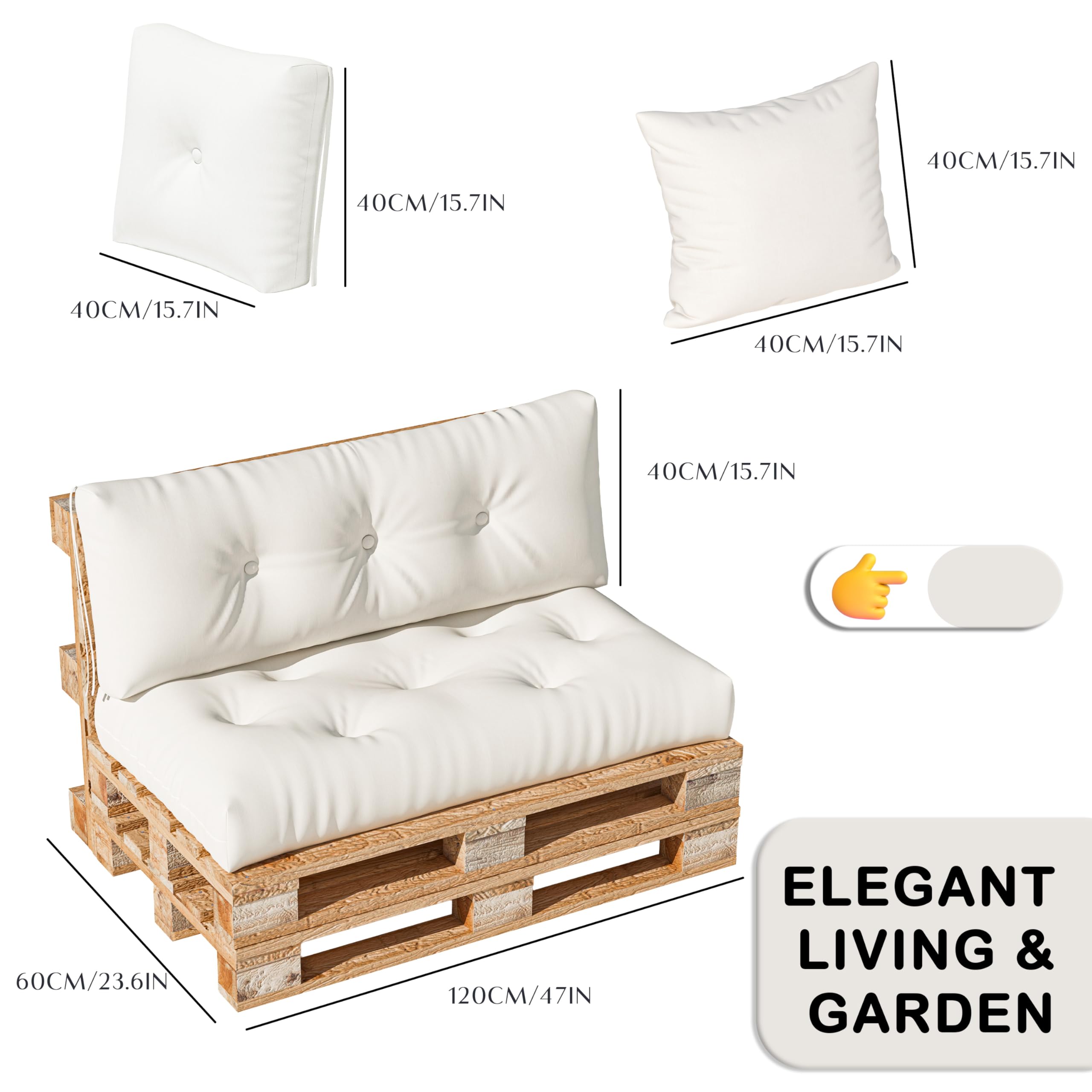 Set di cuscini per pallet 4 pezzi – Cuscino di seduta 120x60 + Schienale 120x40 + Cuscino d'angolo 40x40 + Cuscino decorativo 40x40 – Comodi cuscini da giardino per mobili pallet