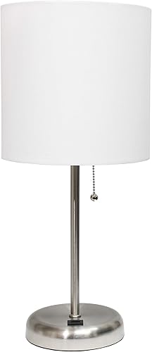 LimeLights LT2044-WHT - Lámpara de barra de acero cepillado con puerto de carga USB y pantalla de tambor de tela, color blanco (paquete de 2)