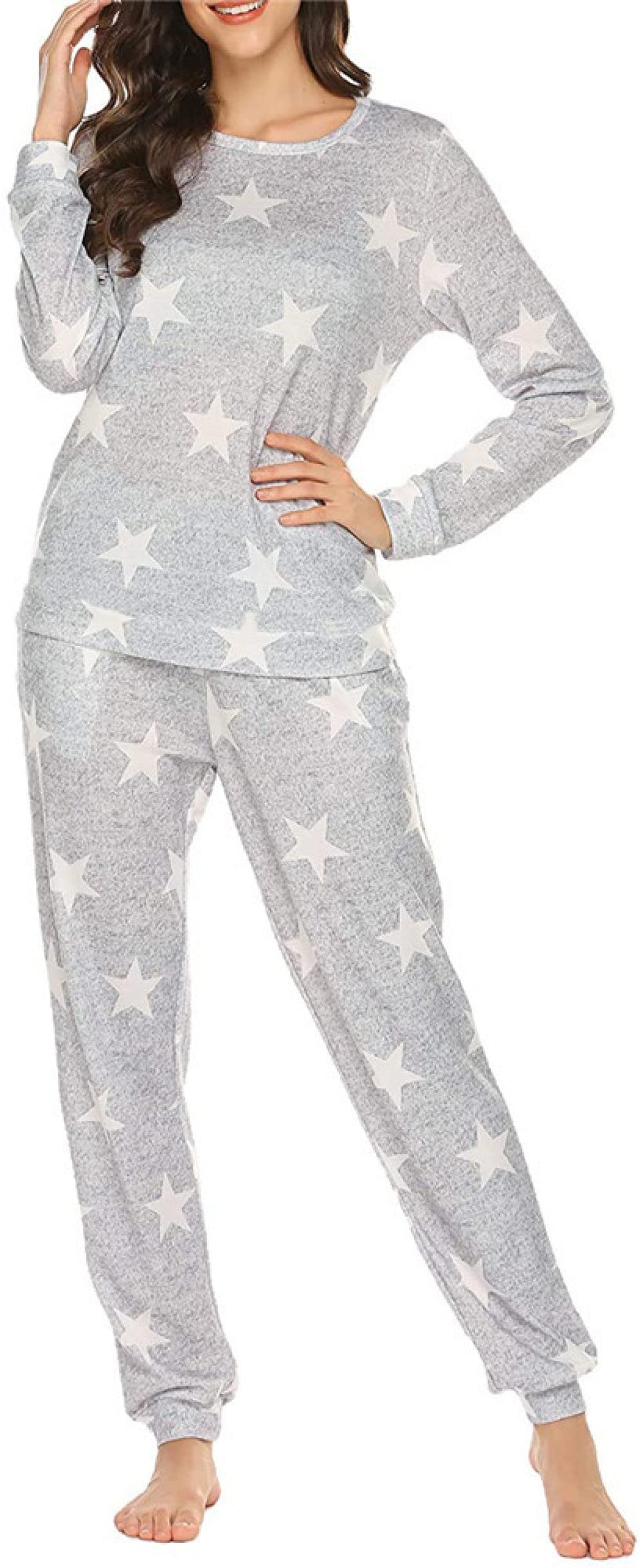Pijamas Para Mujer Conjunto De Pijama De Poliéster Con Cuello Redondo Y Estampado De Estrellas Grises Para Mujer Conjunto De Dos Piezas De Pijama De Manga Larga Cómodo Para Mujer Regalo De Festiva