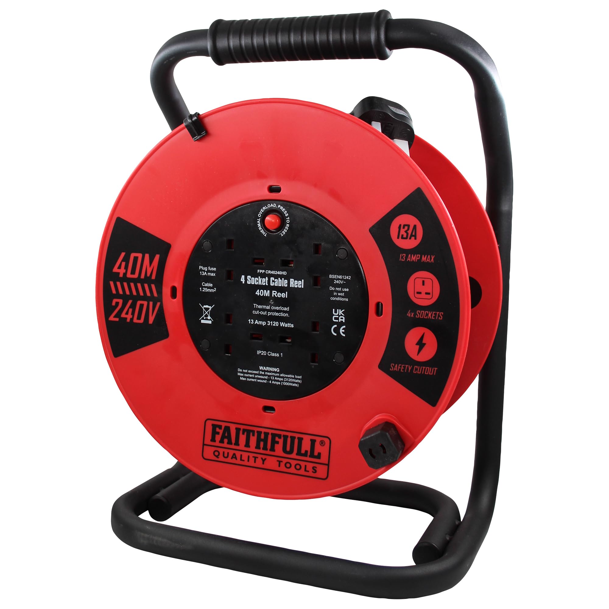 Faithfull Power Plus Open Cable Reel 240V 40m 13A 4 Socket 1.25mm Cable