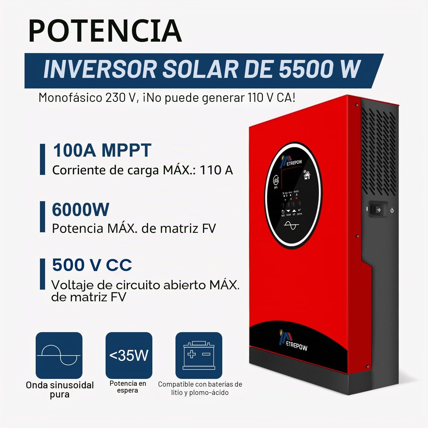 5500W Inversor Híbrido 48V DC a 230V AC Onda Pura con 100A MPPT Controlador de Carga Solar, Entrada Máxima PV 450V, Adaptable a Baterías de Plomoácido o Litio