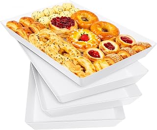 SpaceWhisper 4-Pack White Rectangular Plastic Serving Trays - Reusable Stackable Platters for Parties, Camping, Appetizers, Kitchen (14x9.2 Inch)