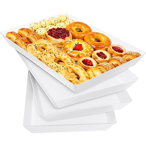 4-Pack Serving Tray, Serving Platter for Parties, Entertaining, Camping & Food Display, Reusable & Stackable Plastic Trays in Kitchen, Rectangular Food Platters for Cookie, Appetizer(White)