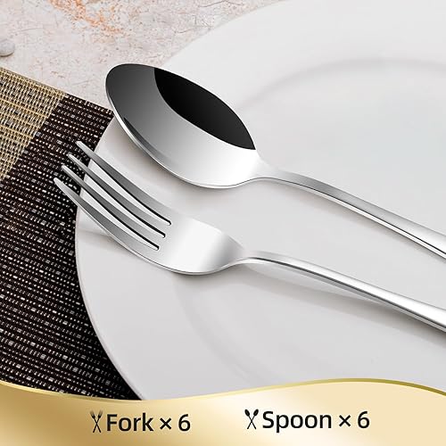 Miniatura 3 de Juego de 12 cucharas y tenedores, cubiertos de acero inoxidable de grado alimenticio, 6 tenedores y 6 cucharas, juego de cubiertos para el hogar,
