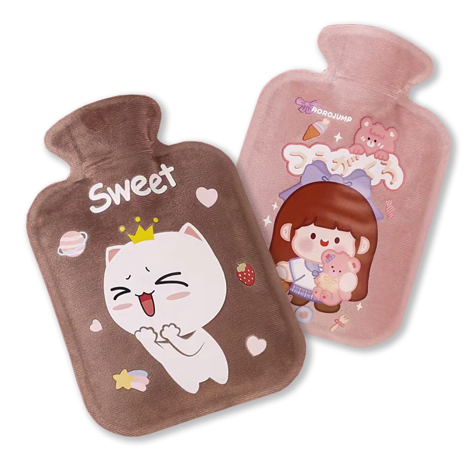 Echehi Mini Hot Water Bottle with Cover Set of 2, Portable 600 ml Hot Water Bag with Cover for Easy Hand Warming, PVC Warm Water Bag for Hands Feet Waist Hot & Cold Therapy