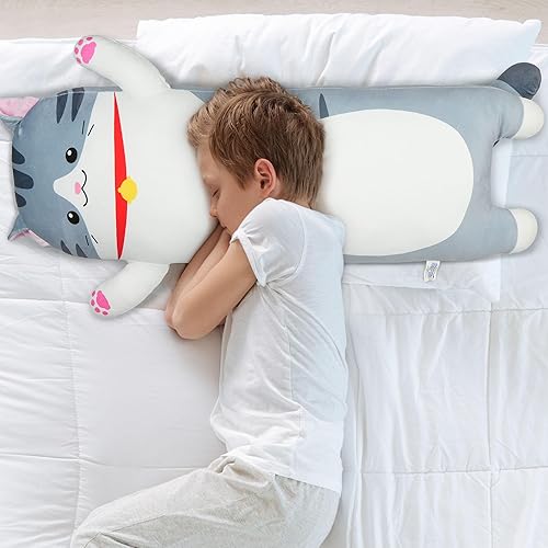 Miniatura 5 de BenBen Almohada larga de felpa de gato, almohada de cuerpo de animal de peluche de gato, 27.5 pulgadas, regalo de peluche Kawaii para niños
