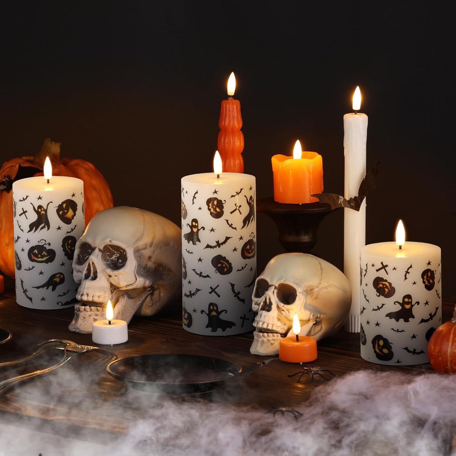 Halloween Flameless Pillar Candles with Remote, Flickering Spooky LED Wax Candles Battery Operated Set of 3