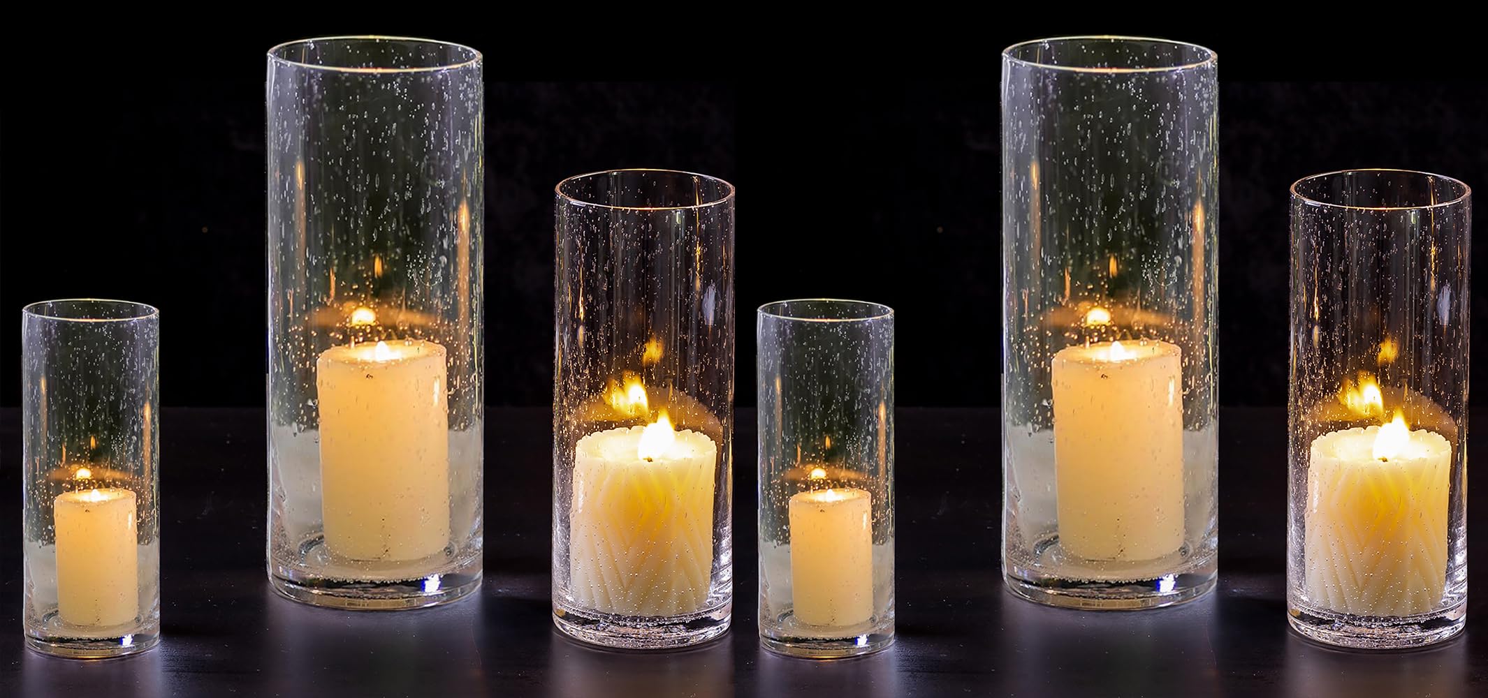 Unique Clear Glass Cylinder Centerpieces with A Raindrop Look, Hewory 6pcs Hand Blown Tall Hurricane Candle Holders for Pillar Candles, Seeded Bubbles Vases for Wedding Anniversary Events Table Decor
