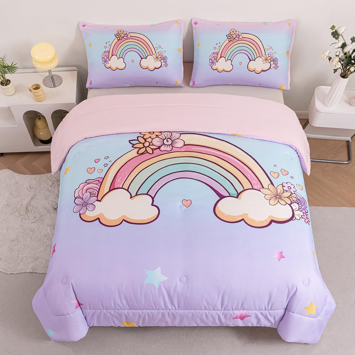 ZSYAYAHA Twin Bed Sets for Girls 3 Pieces Kids Rainbow Comforter Set Cute Pink Purple Rainbow Twin Bedding Set