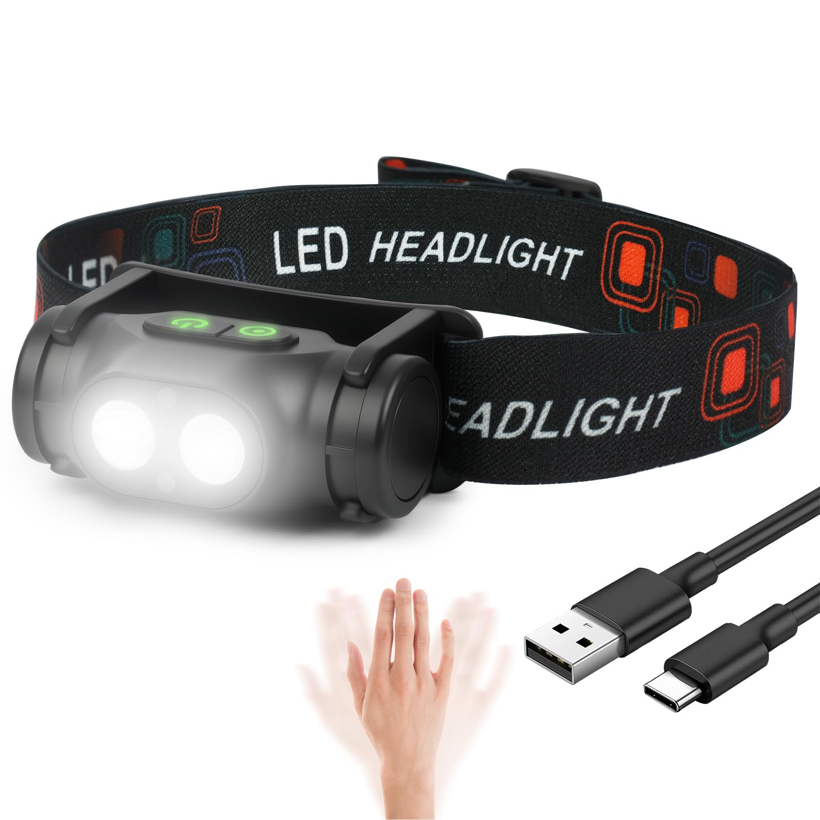 HOTUT LED Head Torch, Head Torch Rechargeable with Motion Sensor and Magnetic Base, COB Headlamp Super Bright Headlight, IPX4 Waterproof, for Power Cuts, Emergency, Running, Hiking — image 1