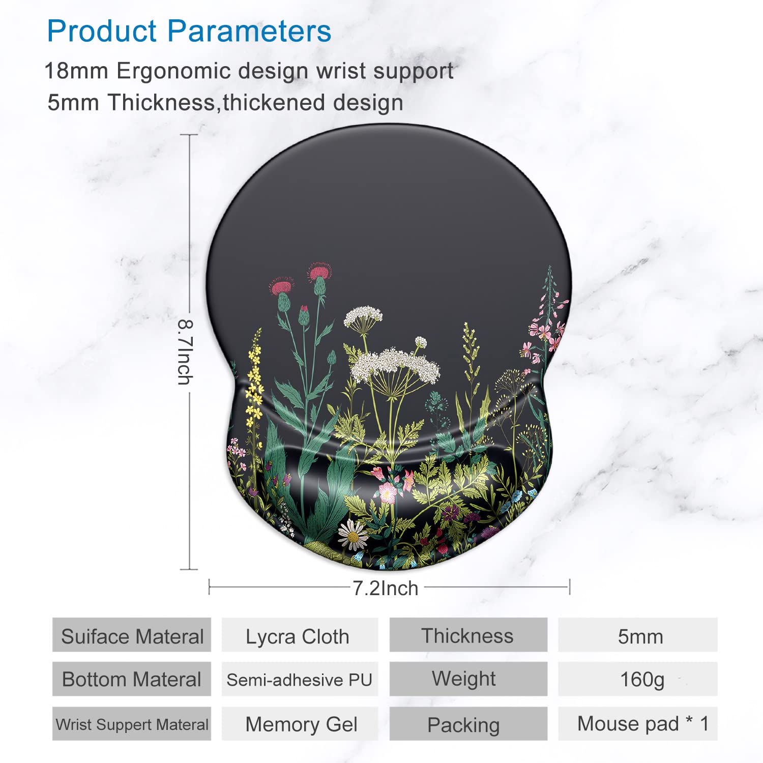 ITNRSIIET Tapis de Souris Ergonomique avec Support en Gel pour Repose-Poignet soulagement de la Douleur avec Base en polyuréthane antidérapant Noir, Fleur Sauvage - 5