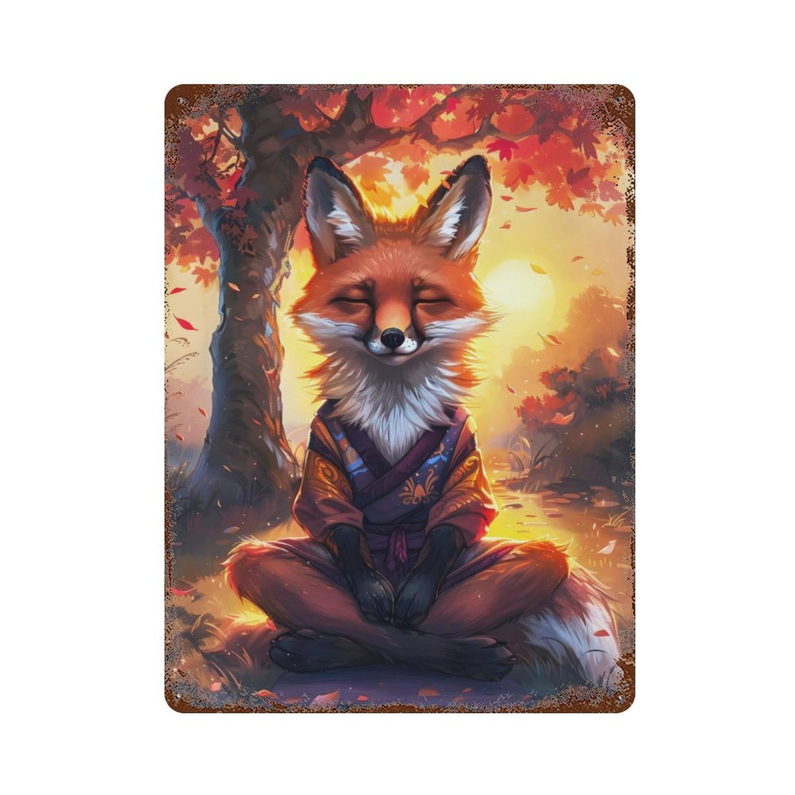 Aged Metal Wall Plaque with Zen Meditating Fox Design 15.7"x11.8", for Farmhouse, Kitchen And Entryway Decor, Retro Wall Decor