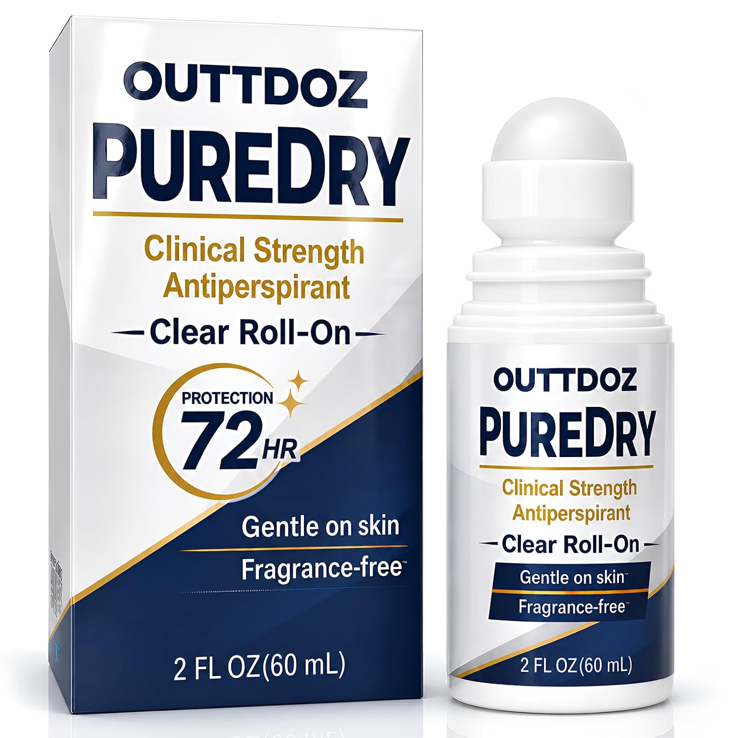PURE DRY Unscented Deodorant, Clinical Strength Antiperspirant Roll-On, Clear Liquid Underarm Sweat Control, 72-Hour Protection, No White Paste Residue, Alcohol-Free, 2 fl oz