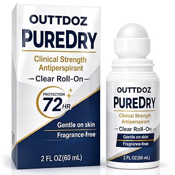 PURE DRY Clinical Strength Antiperspirant Roll-On, Unscented Deodorant | 72-hour anti-sweat protection for underarms; clear, alcohol-free nighttime formula, 2 fl oz.