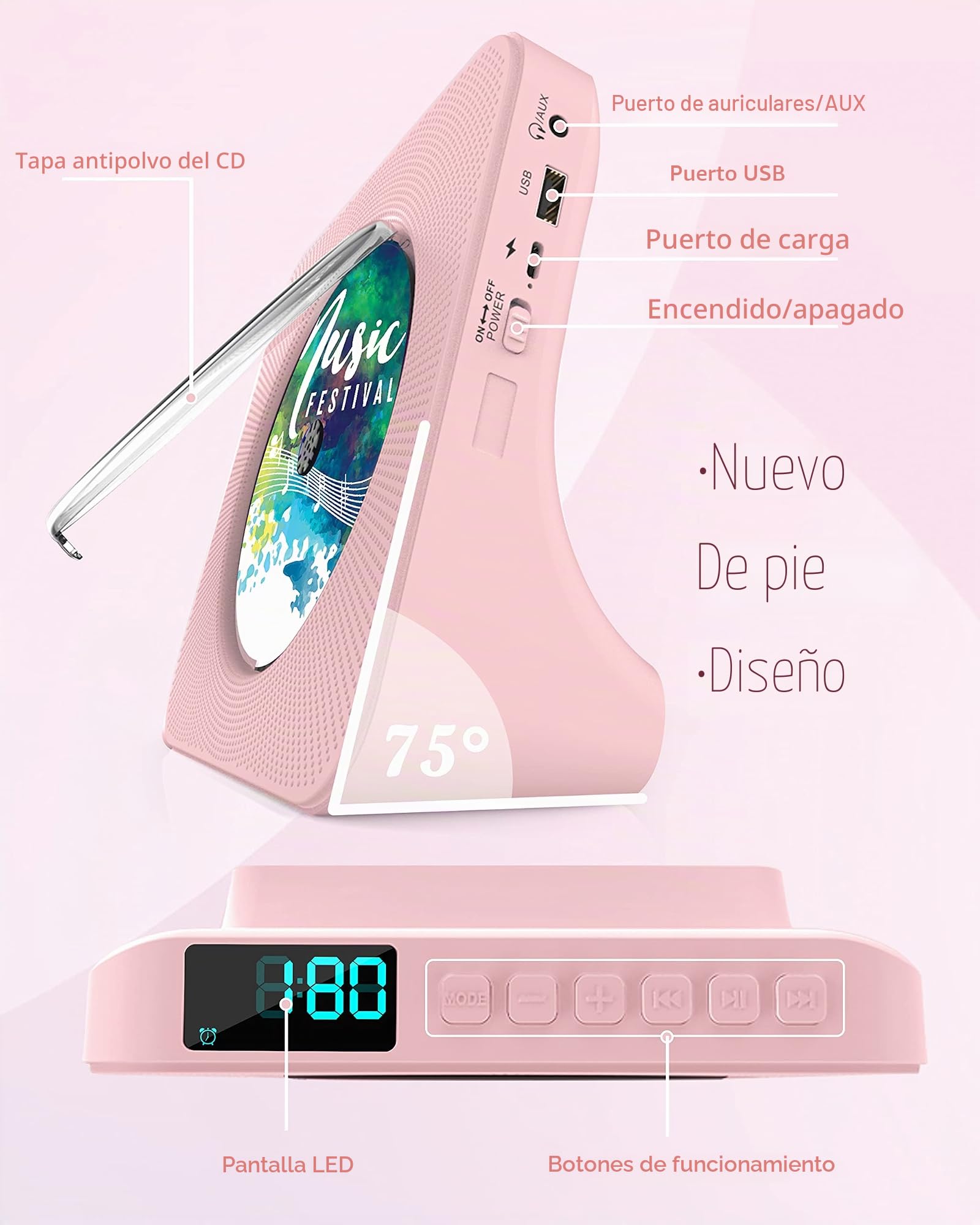 Greadio Reproductor de CD portátil con Bluetooth 5.0, altavoz de sonido de alta fidelidad, reproductor de música de CD con control remoto, cubierta contra el polvo, radio FM, pantalla LED, soporte