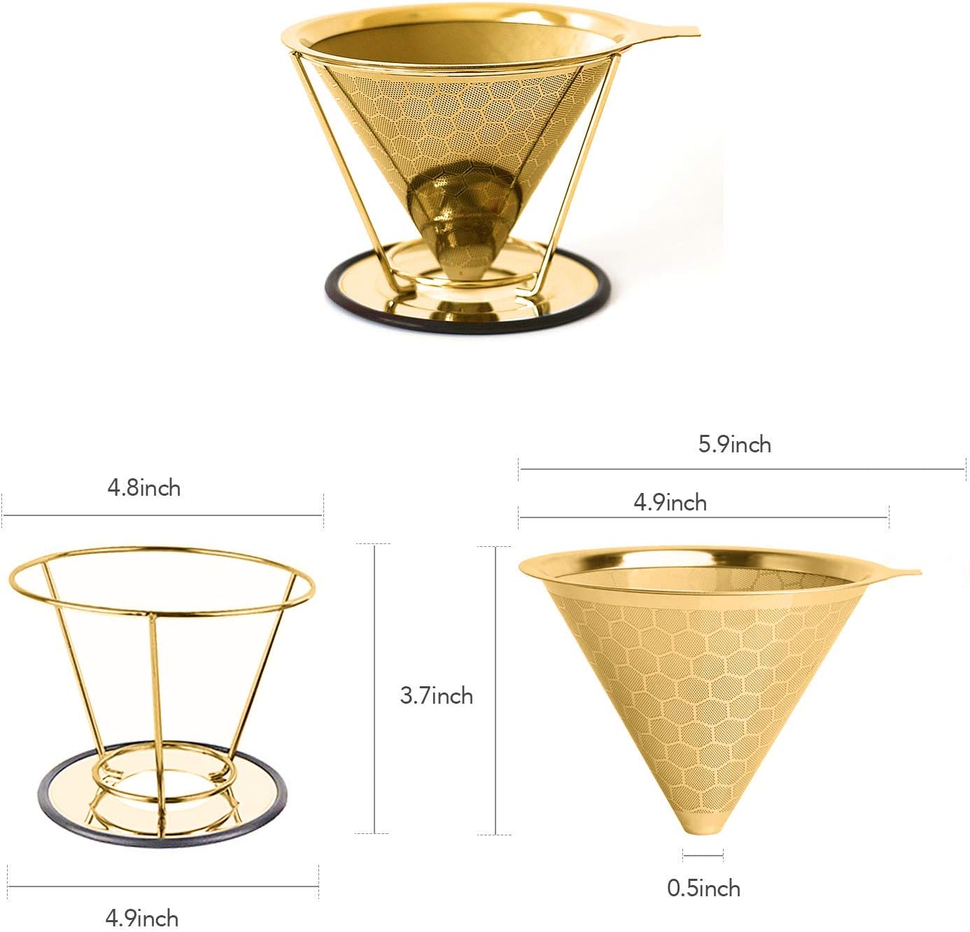 Reusable Filters Stainless Steel Filters Coffee Filter Cone Stainless Steel Coffee Filter With Cup Stand and Brush (Gold): Home & Kitchen