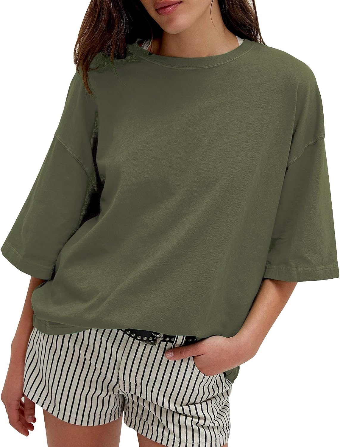 Womens Oversized T Shirts Short Sleeve Cotton Loose Fit Basic Tee Tops image 4