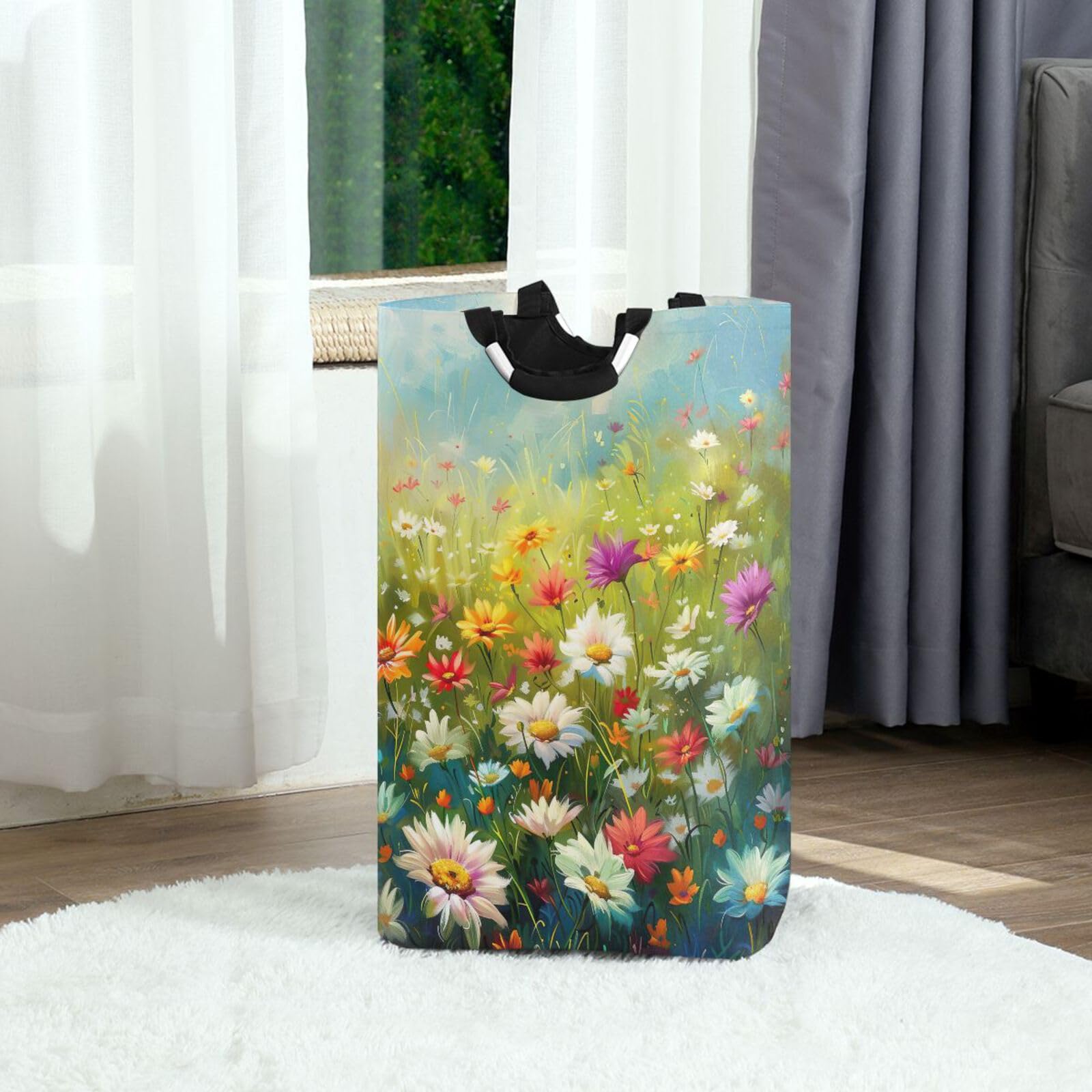 Jihqo Laundry Hamper Basket Meadow Wildflowers Collapsible Nursery Storage Bin Waterproof Clothing Baskets for Home Bedroom Bathroom Washing Room