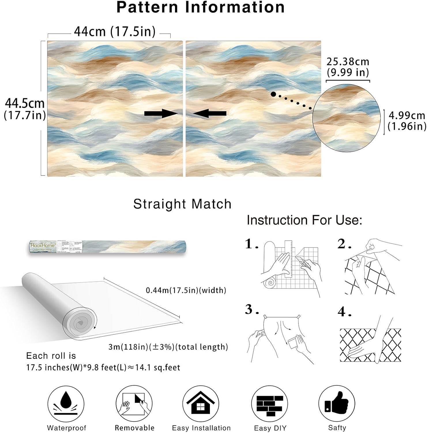 HAOKHOME Coastal Peel and Stick Wallpaper Watercolor Wave Removable Sand Contact Paper for Bathroom Wall Decor Self Adhesive Abstract Ocean Inspired Vinyl 17.3in x 118in