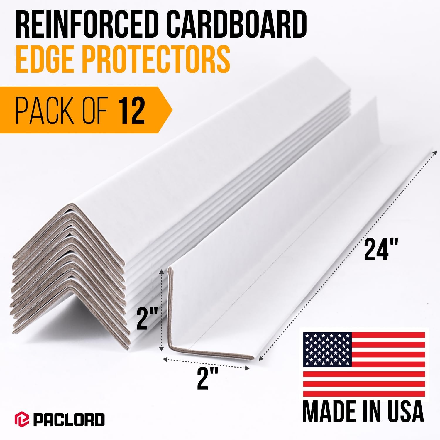 24" x 2" x 2" Reinforced Cardboard Edge Protectors, White (Pack of 12) – 0.12" Thick Medium-Duty Cardboard Corner Protectors for Shipping – American Quality V-Board Pallet Edge Protectors