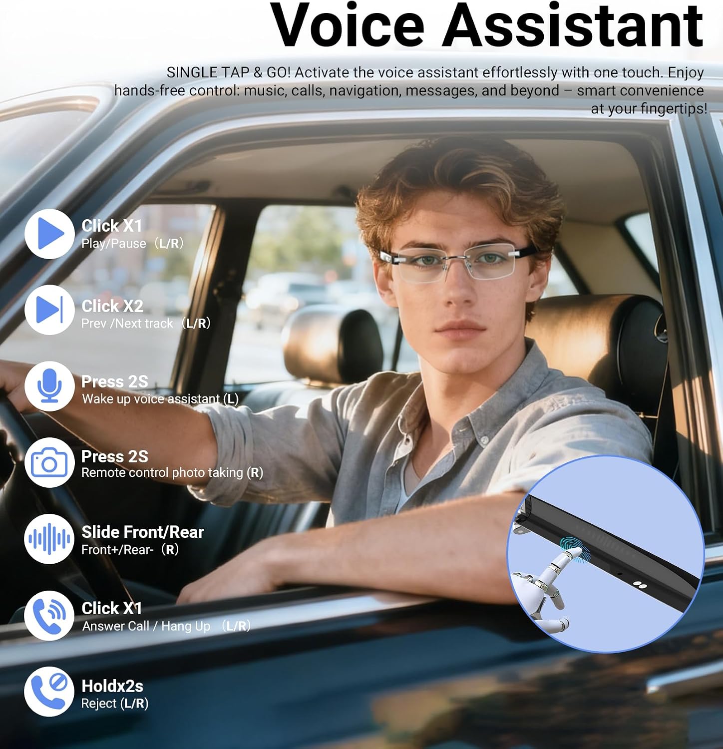 AI Smart Bluetooth Glasses for Men and Women with Chat GPT, Translation Glasses with 115 Languages and Rimless Blue Light Blocking Lens, Hands-Free Calls, Indoor Protection for Iphone Android Music