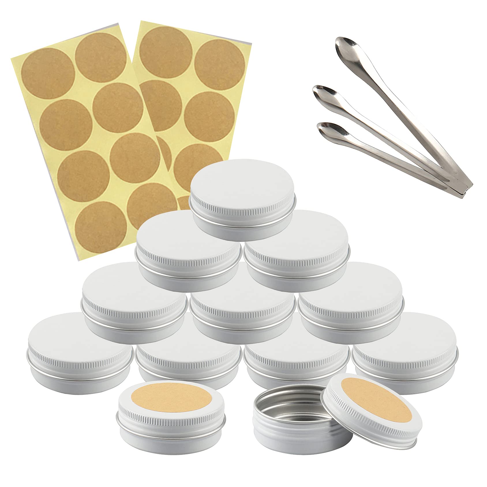 TIANZD 50 Pieces 30 ml Empty White Round Aluminum Tin Jars with Screw Lids Cosmetics Lip Balm Containers Pots for DIY Candle Salve Salt Powder Crafts Storage Cans with 3x Spoon, 50x Labels