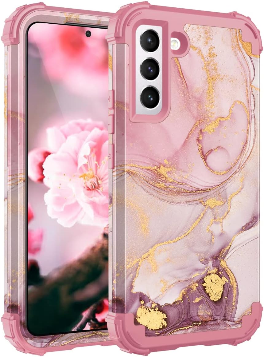 for Samsung Galaxy S22 Case, Marble Rose Gold Women Girls 3 in 1 Military Grade Shock-Proof Hard PC Soft Silicone Rugged Bumper Heavy Duty Protective Case for Galaxy S22,Pink