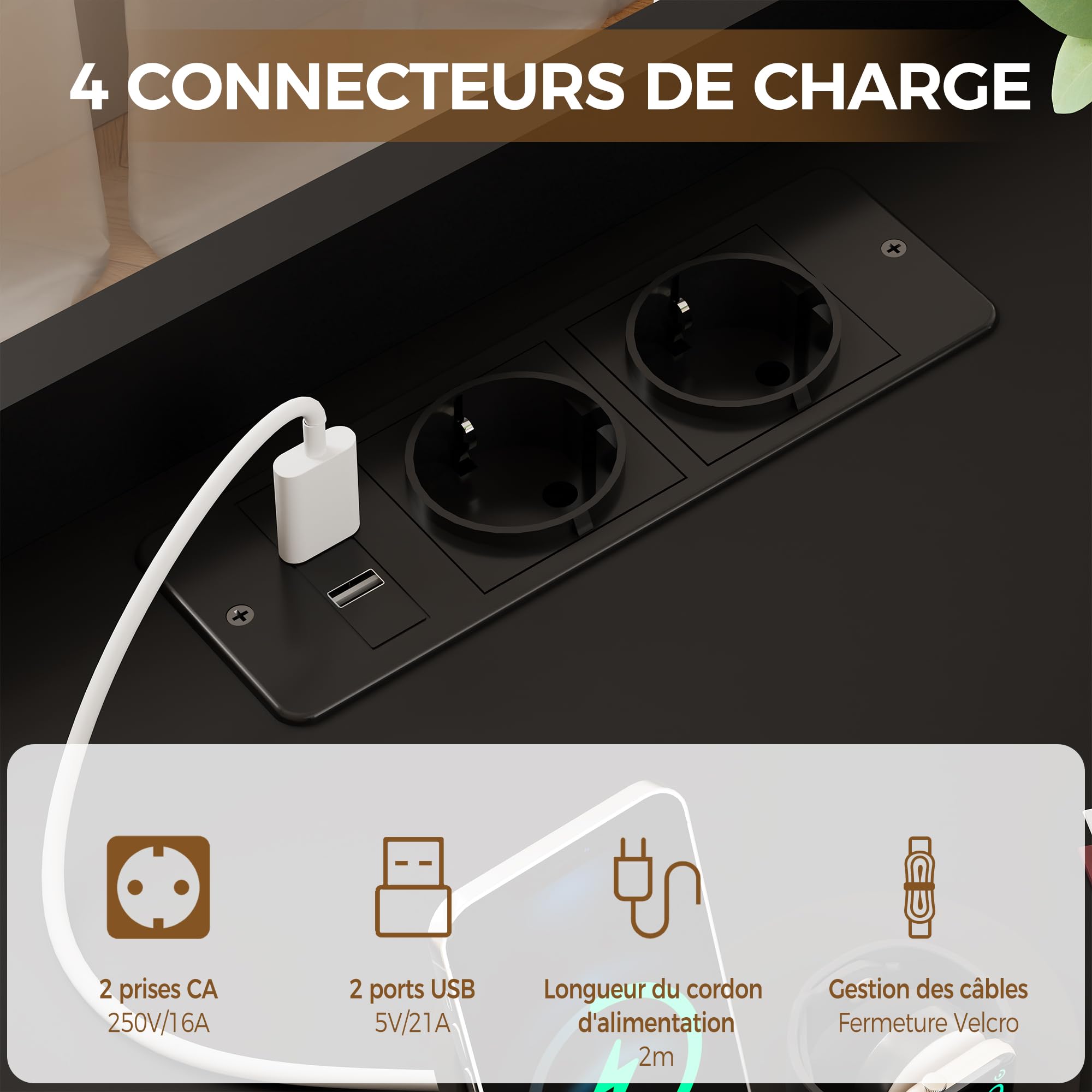 BEWISHOME Table de Chevet Lot de 2 avec,avec Compartiment caché,Moderne et Polyvalente Table de Nuit,avec Fonction de Charge,pour Salon,Chambre,Bureau,Noir EFCG02B