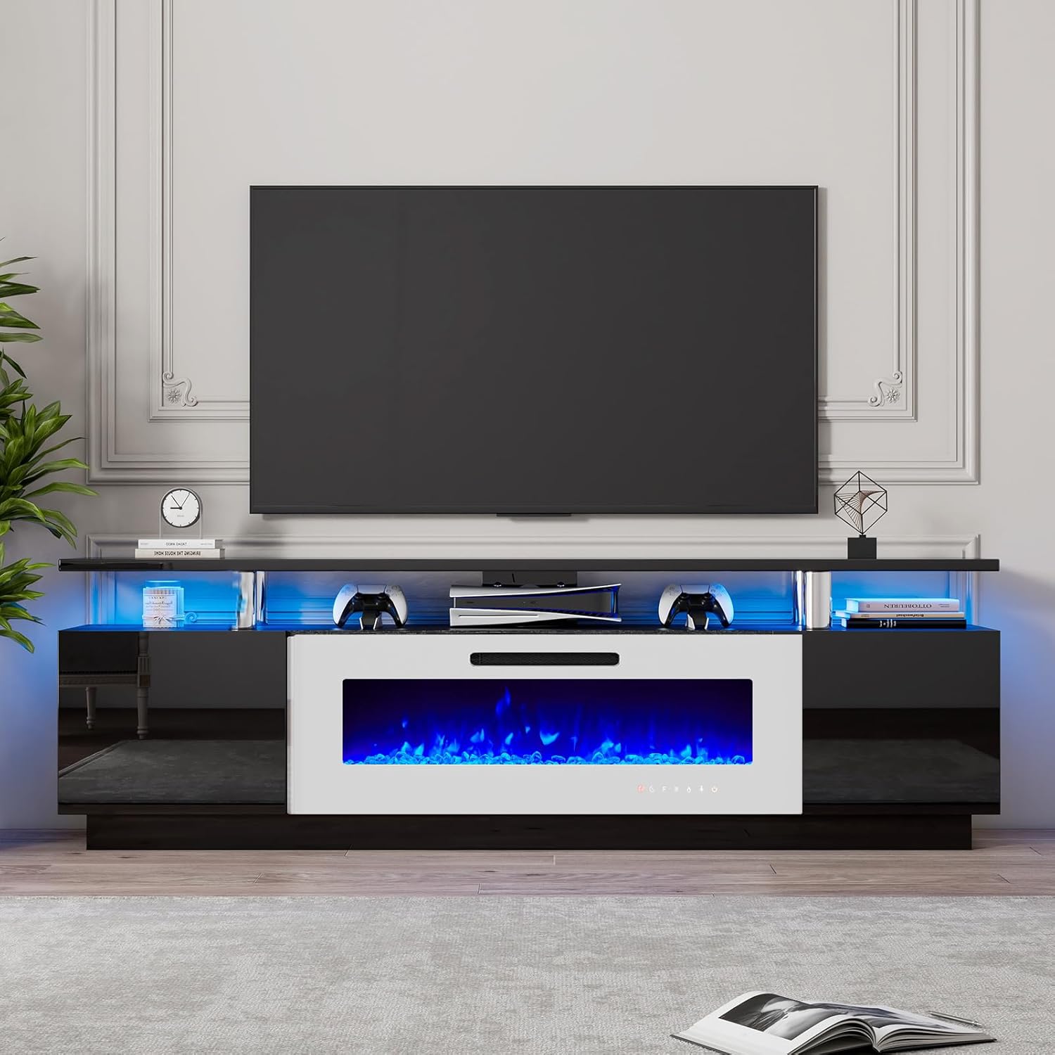 80″ Fireplace TV Stand, Modern High Gloss Finish Media Console with 40″ Electric Fireplace, Open Storage Entertainment Center for TVs Up to 90″ with LED Lights, Black/White