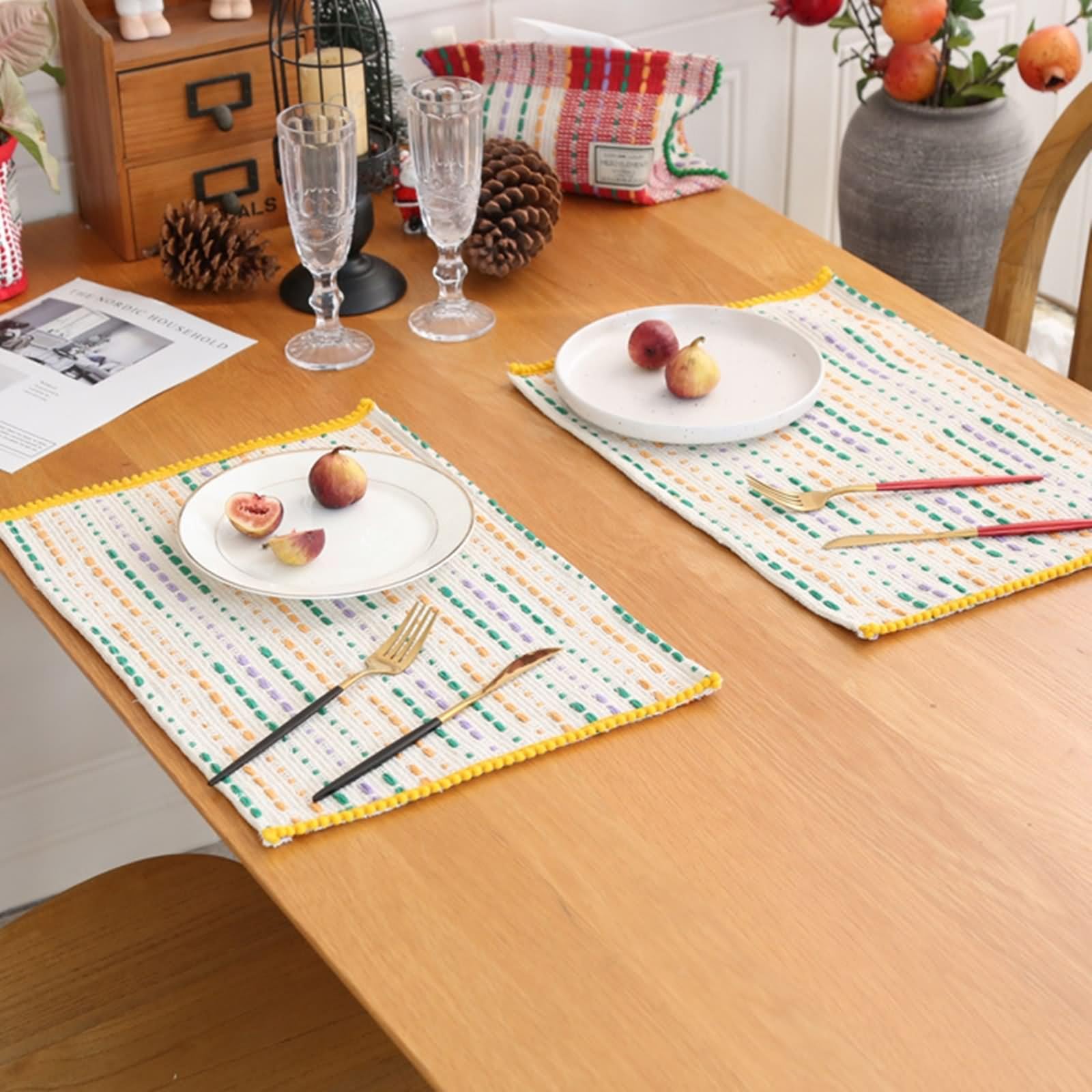 Set di 6 tovagliette all'americana, stile boho, 32 x 45 cm, motivo intrecciato, in poliestere e cotone, giallo e verde