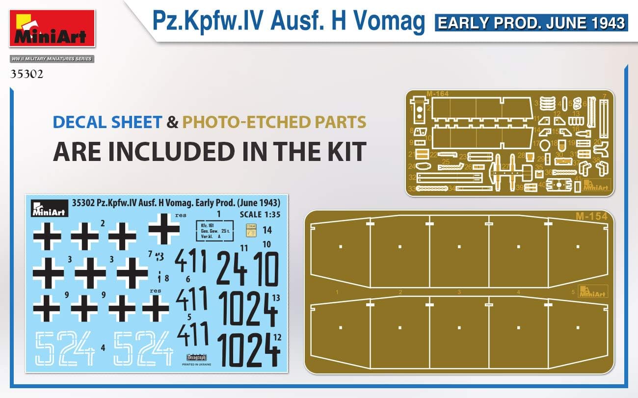 Image showing the decal sheet with various markings and numbers, and a frame of photo-etched parts for the MiniArt Pz.Kpfw.IV Ausf. H Vomag kit.
