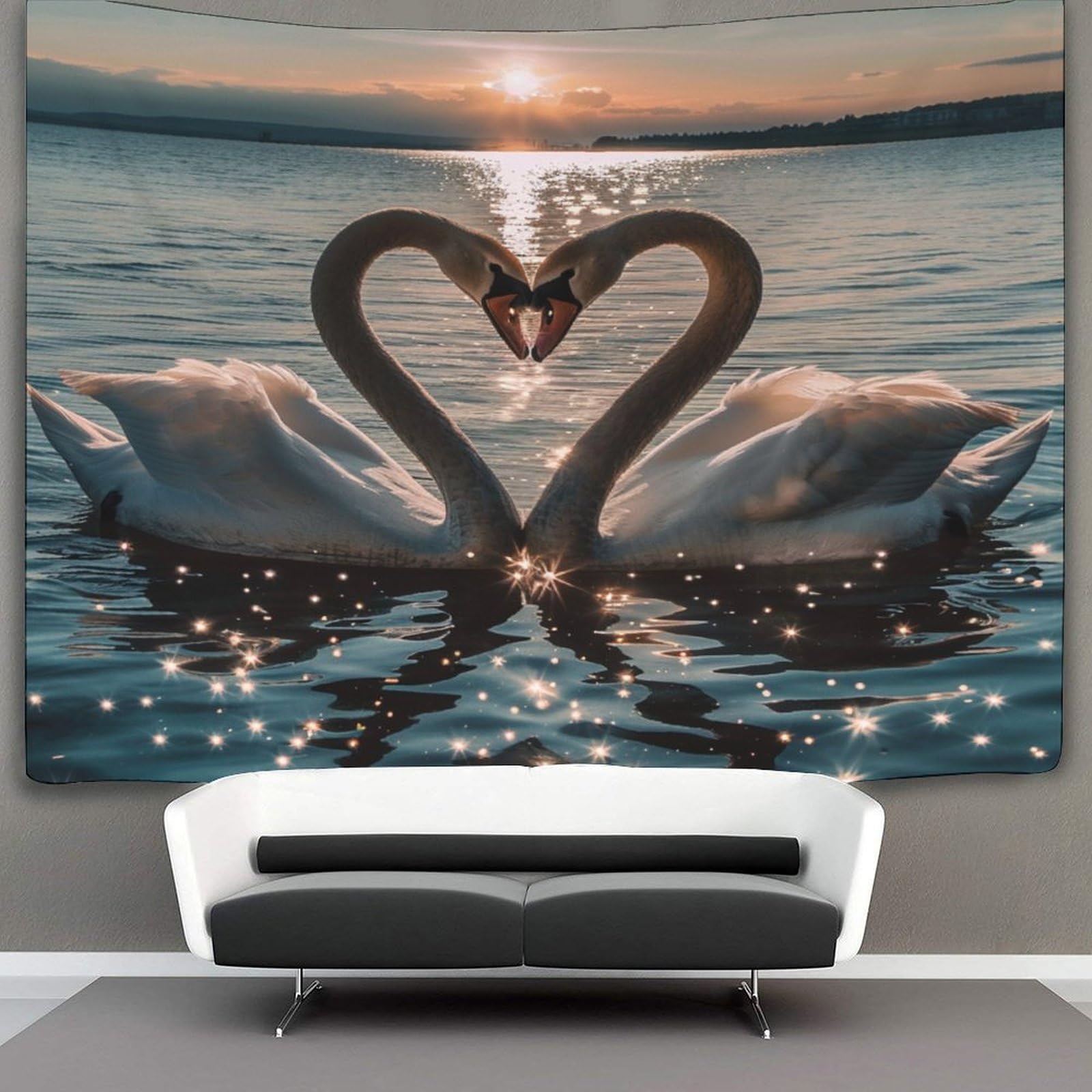 kaiyun Two Swans Tapestry Lake Evening Sunset Wall Hanging Bedroom Home Decor 70cmx100cm