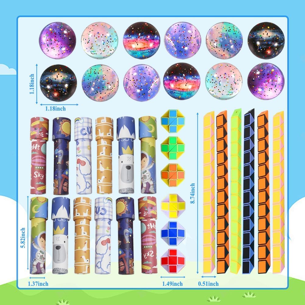 Cadeaux de Fête d'Anniversaire pour Enfants, 36 Pièces Set, 12 Kaléidoscopes pour Enfants, 12 Balles Thème Espace, 12 Serpents Magiques en Cube, Cadeaux d'Enfants pour Anniversaire, Noël et Fêtes