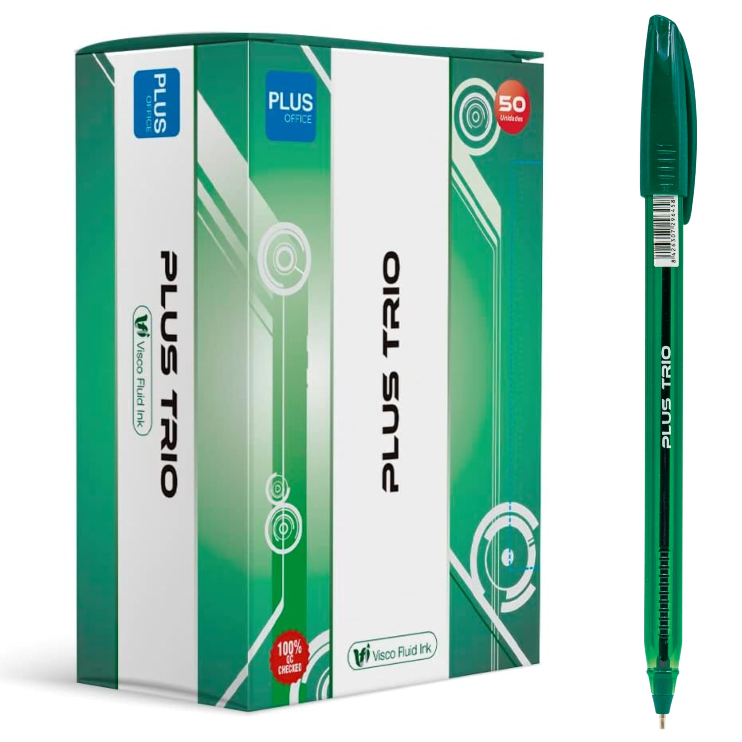 Plus Office - Bolígrafos PLUS Trio Pack de 50 Bolígrafos con Capuchón, Tinta fluida Viscosa, Óptimo para uso de oficina, casa y escolar, Color Verde, y Trazo de 0,7 mm (50 Verde)