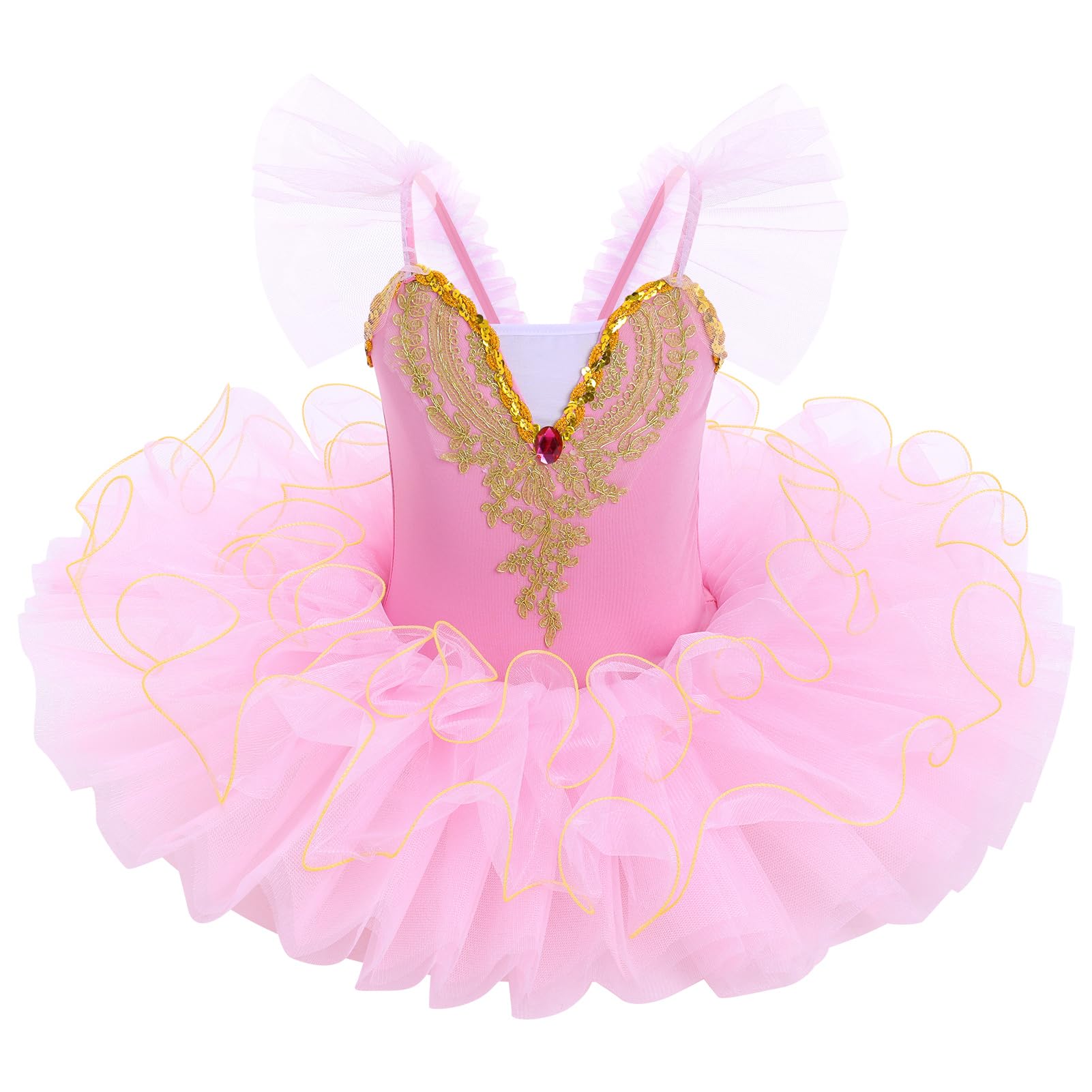 IDOPIP Tutu de ballet pour filles : justaucorps à manches flottantes avec col en V brodé pour filles – Tutu de danse crêpe performance
