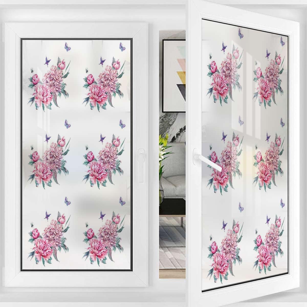 Pink White Window Sticker Non-Adhesive Glass Film Summer Flora Watercolor Garden Frosted Window Stickers Static Cling Window Film Romantic 35.4Wx59L-inch