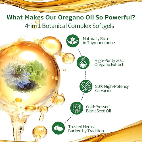 Miniatura 2 de Cápsulas de aceite de orégano, aceite orgánico 4 en 1 de orégano con aceite de semilla negra, moringa y vitamina D3 cápsulas blandas para apoyo