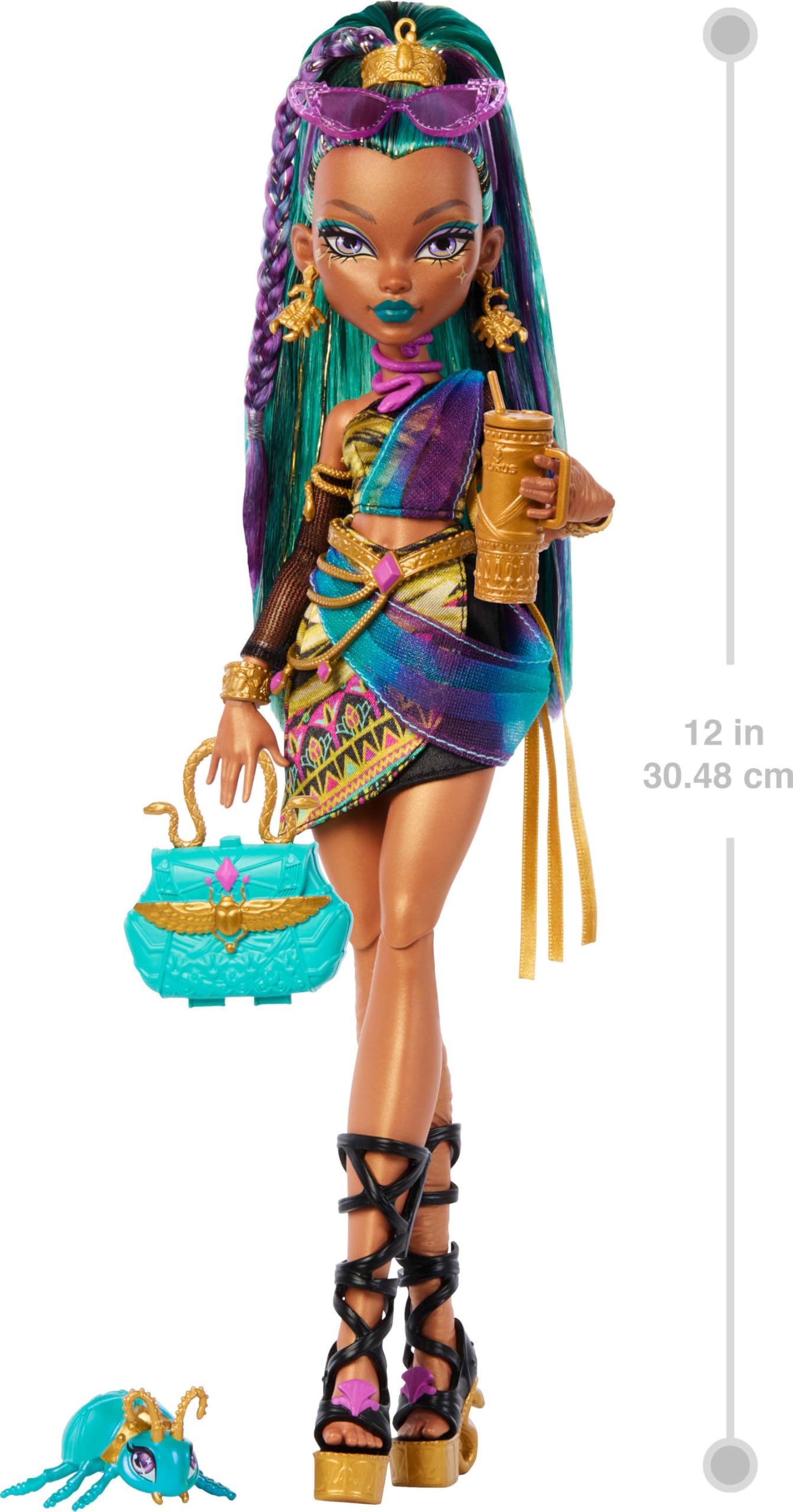 Monster High Nefera De Nile Doll, Royal Mummy in Dress with Pet Scarab Lavish and 7 Accessories Like Purse, Laptop, Sunglasses, Drink and Snacks