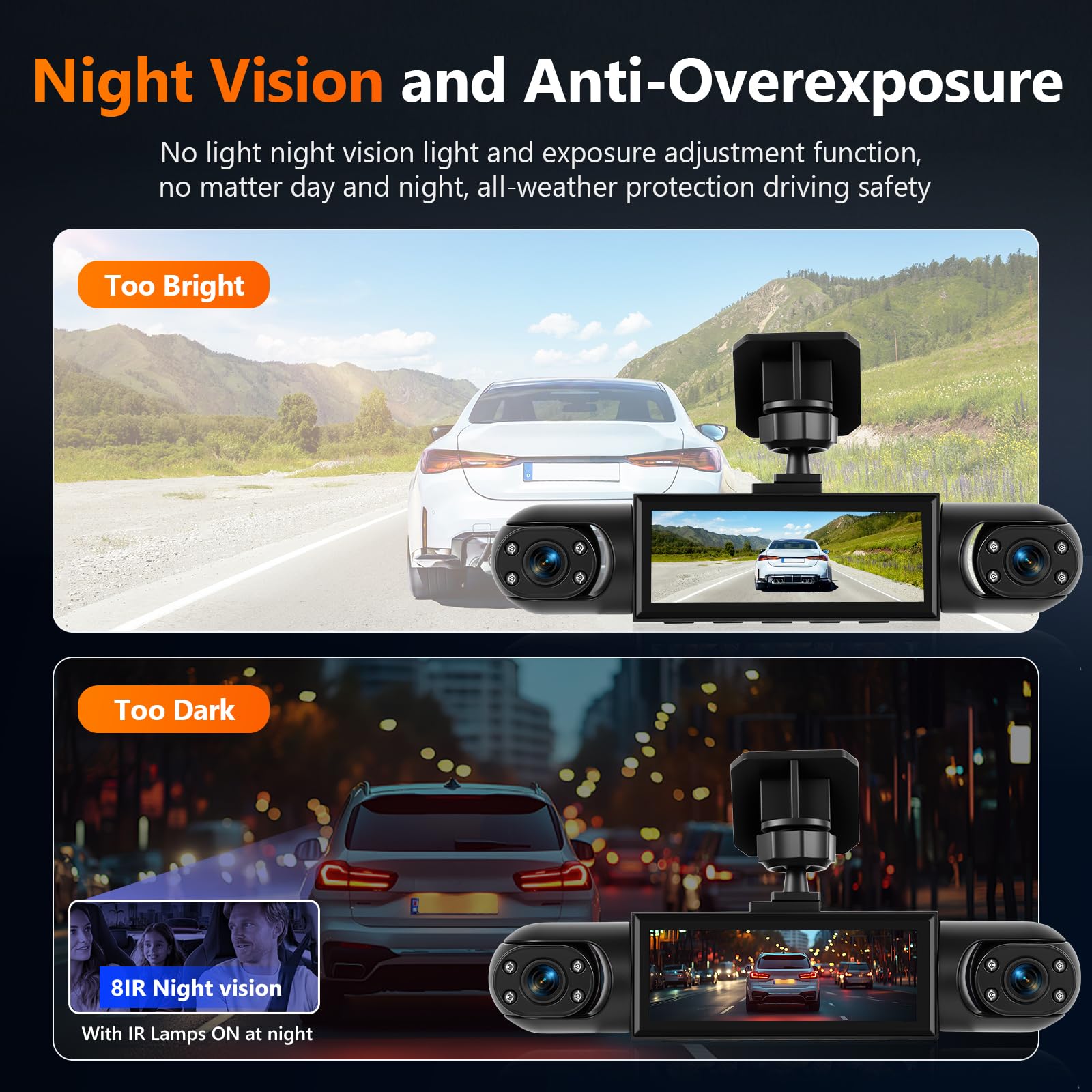 Mirror Dash Cam 4 Channel Front Rear, 3,16" Rückspiegel Kamera mit G-Sensor/Parking Monitoring/Night Vision/24H Parking Mode 360 Grad Schutz+ 64GB Karte