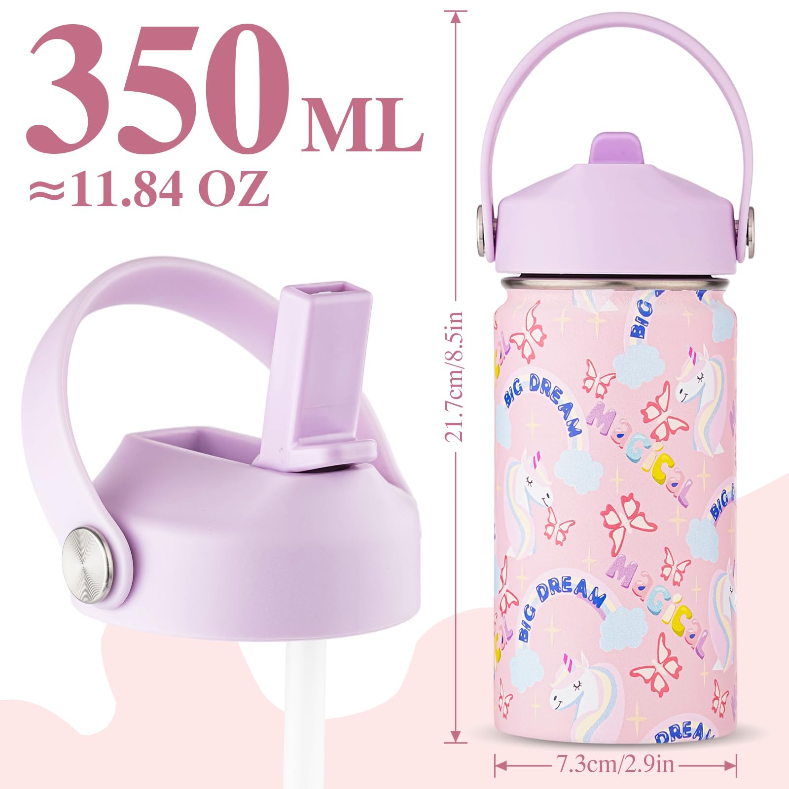 Kinder-Wasserflasche mit Strohhalm-Deckel, 340 ml, isolierter Edelstahl-Thermobecher, auslaufsicher, breite Öffnung, Sportflasche, hält 12 Stunden kalt und 6 Stunden heiß, für Fitnessstudio, Büro